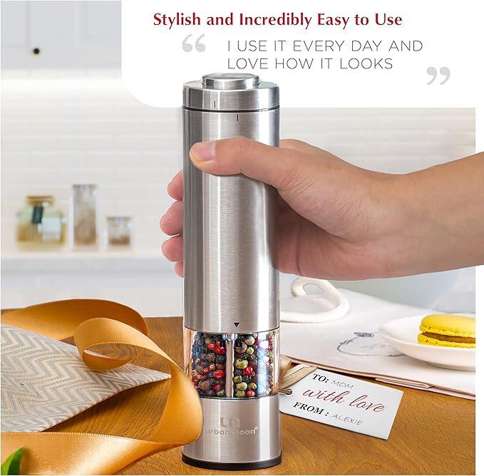 Electric Salt and Pepper Grinder - Battery Operated Stainless Steel Pepper Mill with Light - Automatic One Handed Operation - Electronic Adjustable Shaker - Ceramic Grinder