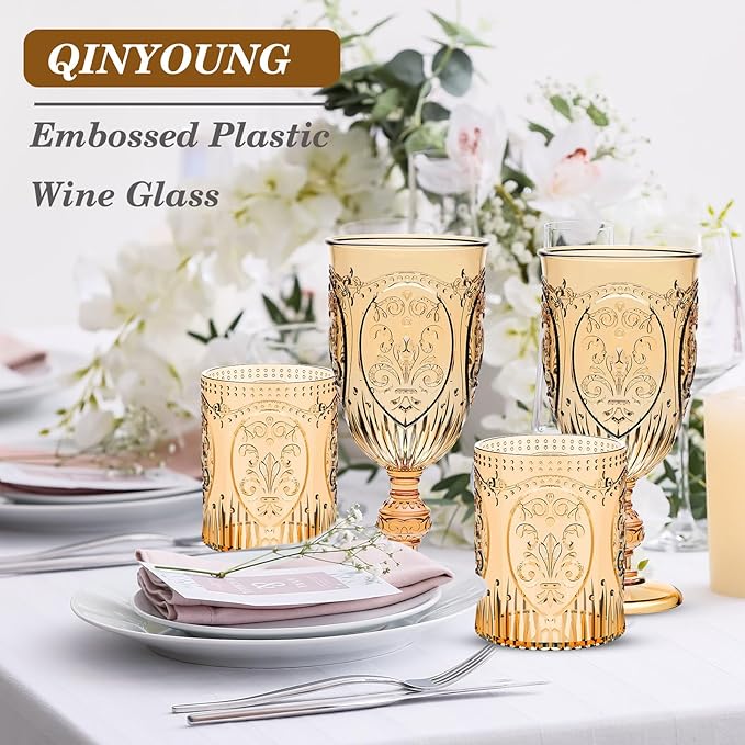 Qinyoung 48 Plastic Vintage Drinking Glasses 8.5oz Stemless Retro Embossed Wine Glasses Shatterproof Reusable Cups for Baby Shower Wedding Reception Grand Event Party (Yellow)