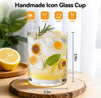 2 Pcs Handmade Sunflower Icon Juice Glass Cup, Durable Heat-Resistant Glass, 14 oz Double Old Fashioned Drinking Glass Cup for Holiday Party Supplies Spring Gifts
