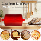FUNKYLEE Enameled Cast Iron Bread Pan with Lid, 2-in-1 Loaf Pan for Baking Bread 8.5x4.5, Professional Sourdough Bread Pan for Homemade Bread, Set of 2, Red