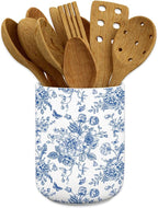 JarThenaAMCS Chinoiserie Floral Ceramic Utensil Holder Blue Flower Butterfly Utensil Crock for Home Kitchen Countertop Storage Organizer Container