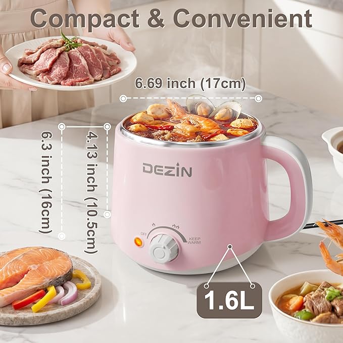 Dezin Hot Pot Electric, Rapid Noodles Cooker, Stainless Steel Electric Pot 1.6 Liter, Perfect for Ramen, Egg, Pasta, Dumpling, Soup, Porridge, Oatmeal with Temperature Control and Keep Warm Function
