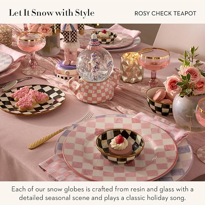 MACKENZIE CHILDS Snow Globe, Christmas Decor for Living Room, Rosy Check Teapot