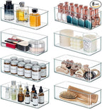 8 PACK Drawer Organizer Bins Bathroom Deep Drawer Organizer Tray for Cutlery Vanity Make-up, Clear Stackable Storage Bins for Kitchen Cabinet Closet Counter Organization and Storage