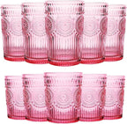 Loivttvv 12pcs Vintage Drinking Glasses Set, 12 oz Highball Glasses & 9 oz Embossed Ribbed Glassware Cups for Cocktail, Water, Juice, Coffee, Whiskey (Pink)