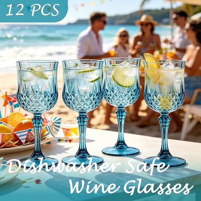 Plastic Wine Glasses, Plastic Goblets Vintage Style Cordial Unbreakable Drinking Glasses, Reusable Drinkware for Wedding Reception, Grand Event Party Supplies (12, Dusty Blue)