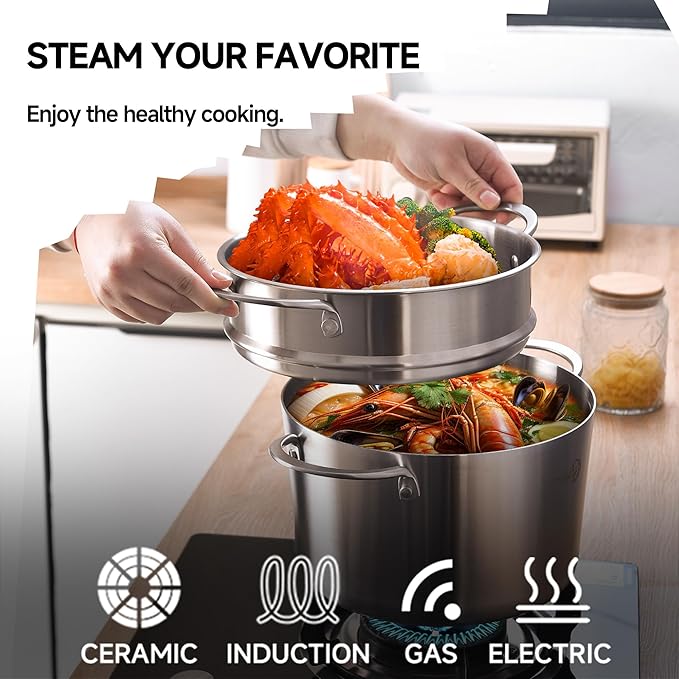 LOLYKITCH 5 Quart Stainless Steel Steamer Pot with Glass Lid, 3-Ply Steaming Pot for Cooking, 2 Tier Induction Steamer Pot for Tamales Seafood Vegetables Dumplings Stock Pot, Thick