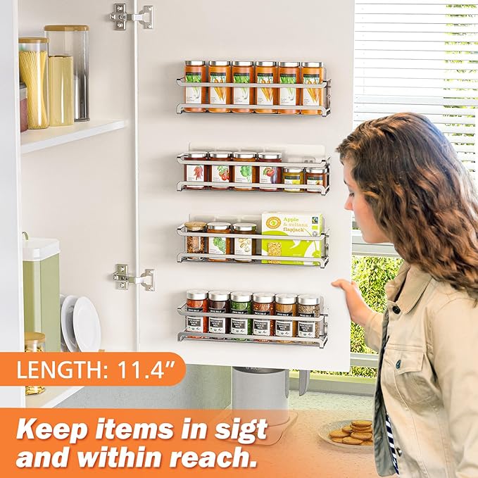 Bunoxea Spice Rack wall mounted 2 Pack, Space-Saving Spice Organizer for Spice Jars and Seasonings,Screw or Adhesive Hanging Spice Rack Organizer for Your Kitchen Cabinet,or Pantry Door,Silver