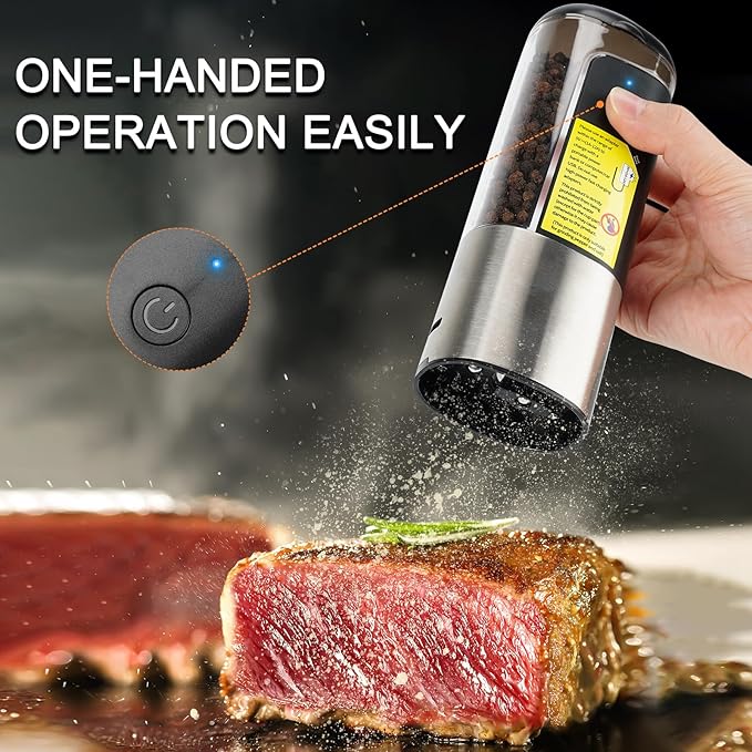 Electric Salt and Pepper Grinder Set Rechargeable for USB, Automatic Adjustable Gravity Pepper Mill, Spice Grinder Refillable in Kitchen, salt and pepper shakers set, 80ml Capacity, 2-Piece Black