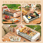 Electric Hot Dog Roller 6 Rollers - 3 in 1 Indoor Grills Portable with Non-stick & Smokeless Removable Grill & BBQ Griddle Plate,Stainless Sausage Grill Cooker Machine, for Family party Use