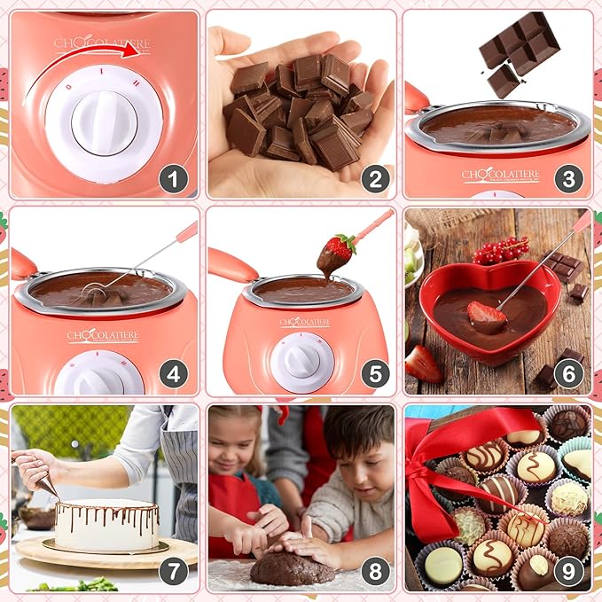 Umigy Electric Melting Chocolate Pot Gift Set Mini Fondue Fountain Pot Kit Chocolate Melting with DIY Mold and Accessories for Candy Christmas Milk Cheese Candy Home(Pink)