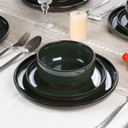 E-far Stoneware Dinnerware Sets for 6, 18 Pieces Reactive Glaze Plates and Bowls Sets, Elegant Dishes with Rustic Terracotta Clay Base, Dishwasher & Microwave Safe, Scratch Resistant, Blackish Green