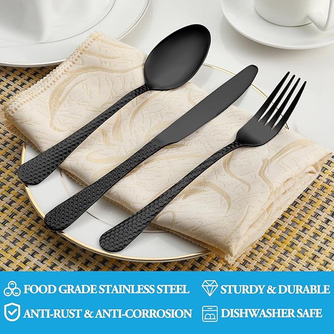 30 Pcs Black Hammered Silverware Set Service for 6,Stainless Steel Flatware Set,Mirror Polished Cutlery Utensil Set,Durable Kitchen Eating Tableware Set,Include Fork Knife Spoon Set,Dishwasher Safe