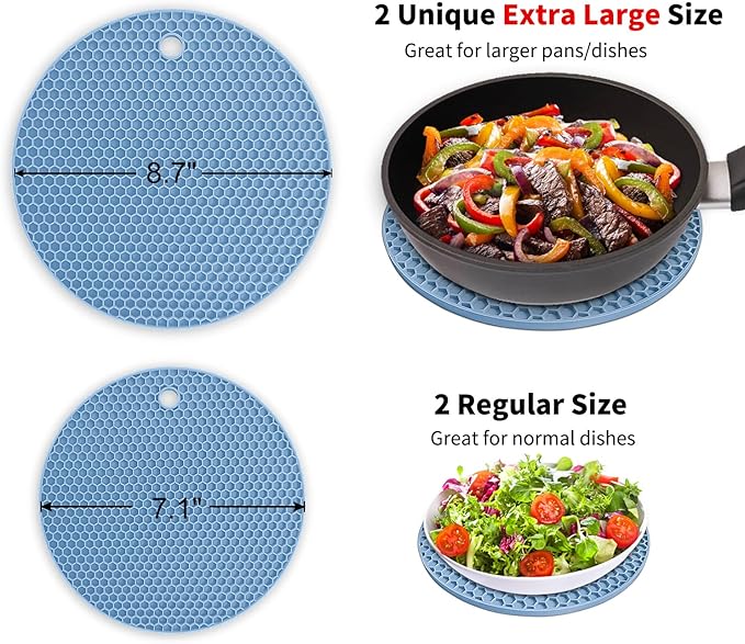 Silicone Trivet Mats - Walfos Heat Resistant Pot Holders Set, 4pcs 2 Sizes 7 Inch & 9 Inch, Multipurpose Non-Slip Hot Pads for Hot Pot, Hot Dishers, Jar Opener, Food Grade & BPA Free (Nordic Blue)