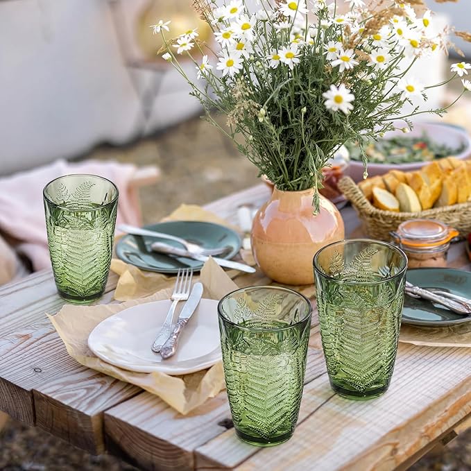 Reallnaive Green Drinking Glasses Set of 8, Boho Aesthetic Vintage Glassware Fern Paisley Carving Textured Tumbler Water Cups Embossed Pattern Drinkware Cocktail Set for Xmas Gifts (14 oz,Highball)