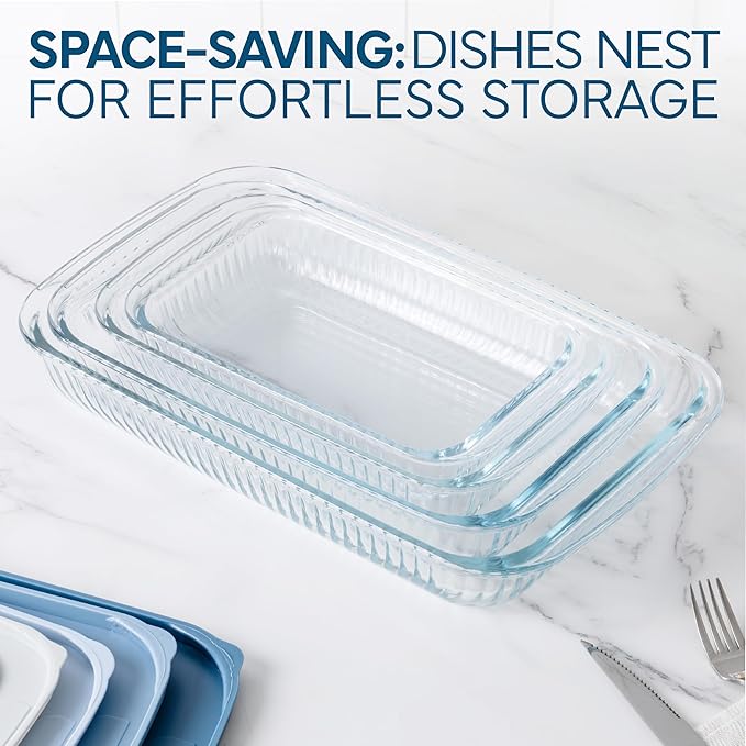 COOK WITH COLOR 8-Piece Deep Glass Baking Dish Set with Plastic Lids – Casserole and Food Storage Containers for Lasagna, Leftovers – Freezer-to-Oven, Microwave & Dishwasher Safe, Fluted Blue
