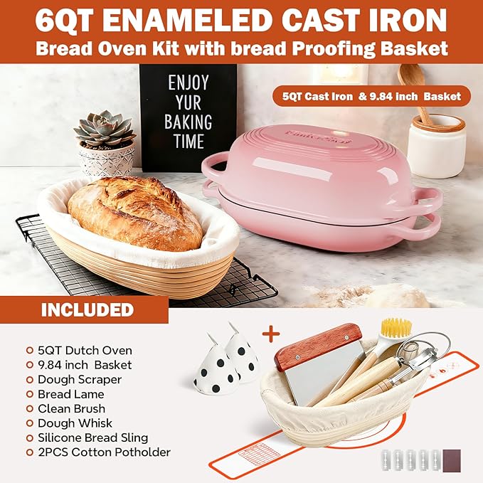 Enameled Cast Iron Sourdough Bread Oven, Dutch Oven for Bread Baking, - incl. Sourdough Bread-Baking Supplies like Banneton Bread-Proofing Basket - 5QT Loaf Cast Iron Bread Pan-Making Kit Pan, Pot, Sour Sough Tools, Lame (Pink)