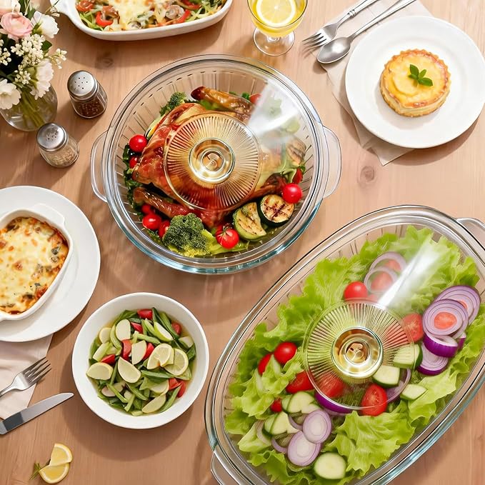 Luvan 2.4L/2.5Qt Round Glass Casserole Dish with Lid, Clear Baking Dish with Handles for Baking, Cooking & Serving, High Borosilicate Lead-Free Glass cookware, Oven, Microwave, Freezer & Dishwasher Safe