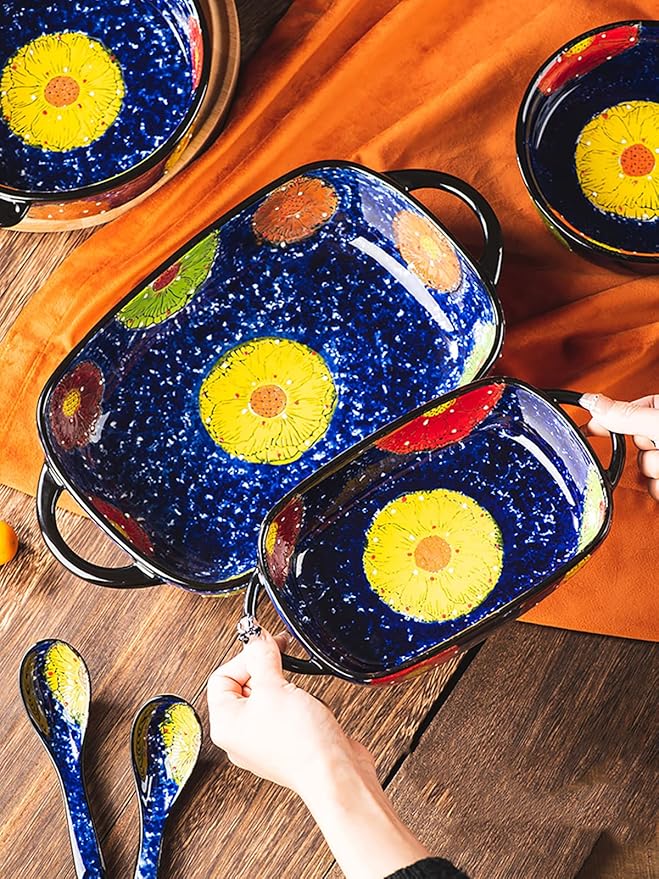 Vintage Style Pottery Bakeware Colorful Daisy Pattern Ceramic Casserole Dish Baking Pan Lasagna Pans Baking Dish with Handles from Oven to Table Plate-1 PCS, 60 OZ