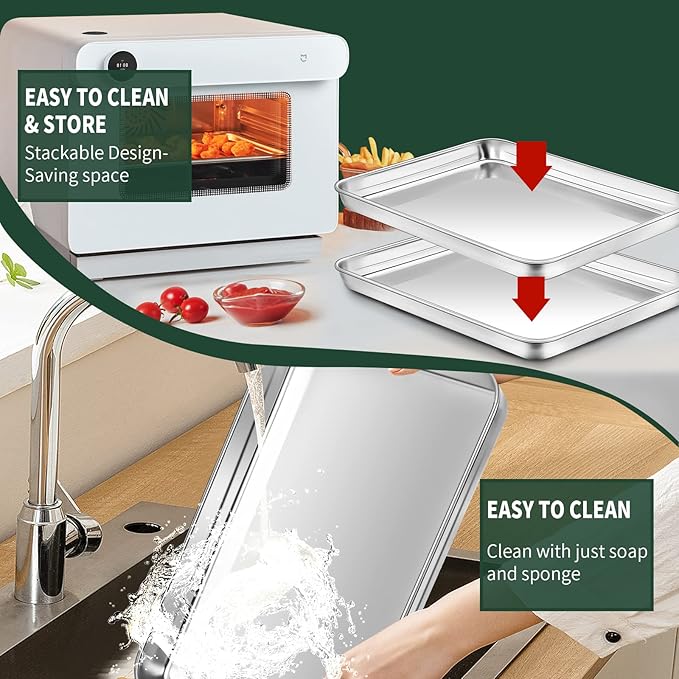 Jelly Roll Pan with Cooling Rack Set [2 Baking Pans + 2 Baking Racks], CEKEE Stainless Steel Baking Sheet Tray with Wire Rack Set, Commercial Quality, Rust Proof & Nonstick, Size 15.94 x 12 x 1 Inch