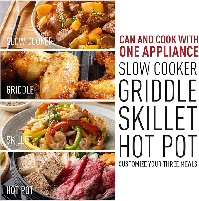 Slow Cooker, Techwood 7.5-Quart Multi-Cooker with 5-Level Heat Settings, Come with Non-stick Skillet Pan & Cooking Pot, Dishwasher Safe, Black