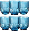 JOVGANK Blue Vintage Glassware Set of 6-14Oz Blue Water Drinking Glass, Art Deco Ripple Highball Glass, Whiskey Cocktail Glasses, for Bar Ice Coffee Juice, Housewarming Gifts and Mother's Day Gift