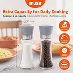 IMUSA Salt Shaker and Pepper Grinder Set – 2 Pack Glass Salt Shaker and Pepper Mill Set, Manual Adjustable Ceramic Core Pepper Grinder, 6 oz Capacity, Refillable Salt and Pepper Set for Kitchen