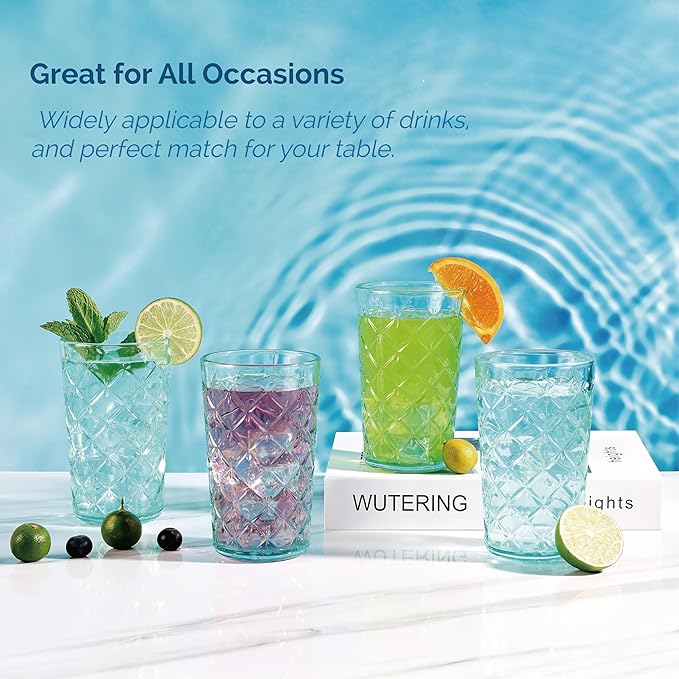 CREATIVELAND Drinking Highball Glasses Set of 4, Vintage Cross Hatch Glass Cups, 15.5oz Tall Drinking Water Glasses, Dishwasher Safe Blue Glass Tumbler Glassware for Water, Juice, Cocktail, Coffee