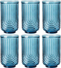 JOVGANK Blue Vintage Glassware Set of 6-17Oz Blue Water Drinking Glass, Art Deco Ripple Highball Glass, Whiskey Cocktail Glasses, for Bar Ice Coffee Juice, Housewarming Gifts and Mother's Day Gift