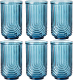 JOVGANK Blue Vintage Glassware Set of 6-17Oz Blue Water Drinking Glass, Art Deco Ripple Highball Glass, Whiskey Cocktail Glasses, for Bar Ice Coffee Juice, Housewarming Gifts and Mother's Day Gift