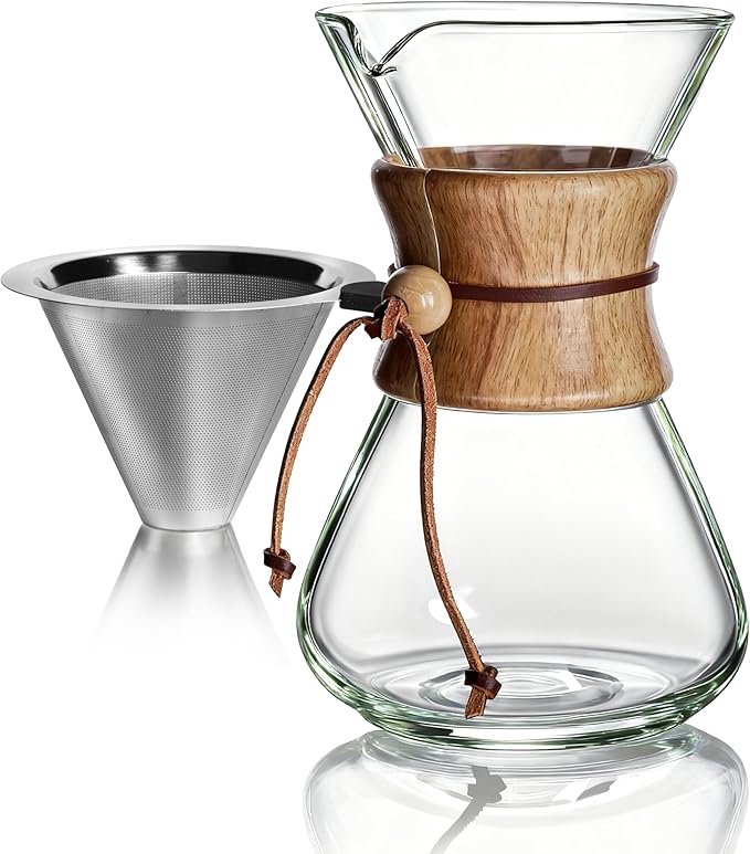 AGOGO Pour Over Coffee Maker Glass - Barista Kit with 304 Stainless Filter for Home, Office, Camping, Cafes - Easy Clean Coffee Dripper Set (Soft Towel&Brush) (28oz Slim Shape w/SS Filter)