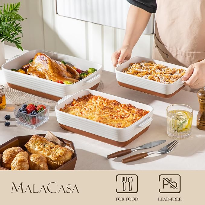MALACASA Casserole Dishes for Oven, Ceramic Baking Dishes Set of 3, Baking Pan Casserole Dish Set, Rectangular Lasagna Pan Deep with Handles for Baking, Khaki White (14.5''/13''/10.5''), Series TARA