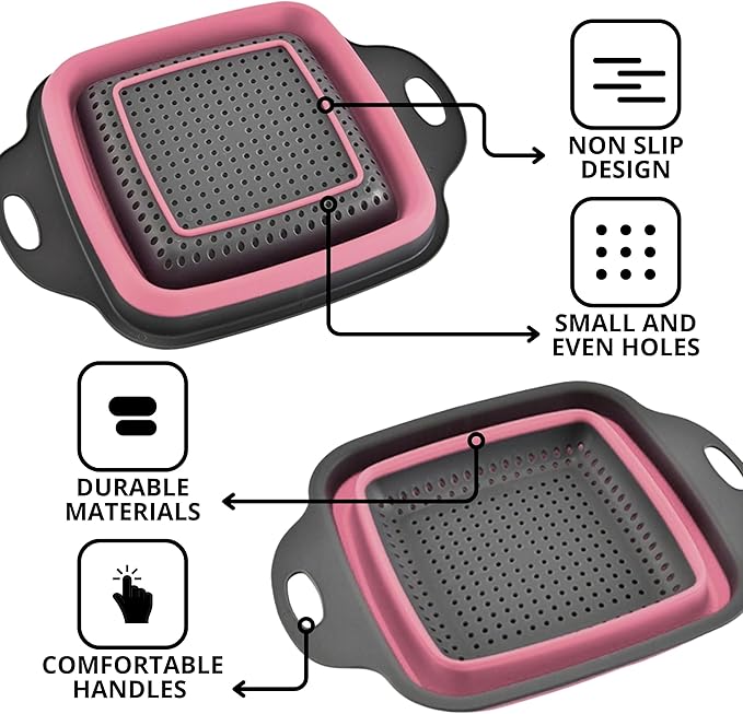 Pink Silicone Food Colander Kitchen – Small Collapsible Strainer with Handle Collapsable Strainer Kitchen Foldable Colander for Pasta Spaghetti Fruit Vegetable