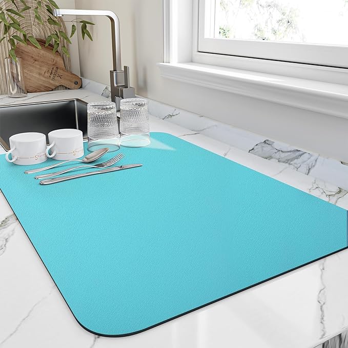 HotLive Dish Drying Mat for Kitchen Counter, Heat Resistant Drainer Mats with Non-slip Rubber Backed, Hide Stain Kitchen Super Absorbent Draining Mat, Easy to Clean Dish Rack Pad, Teal 18"x32"