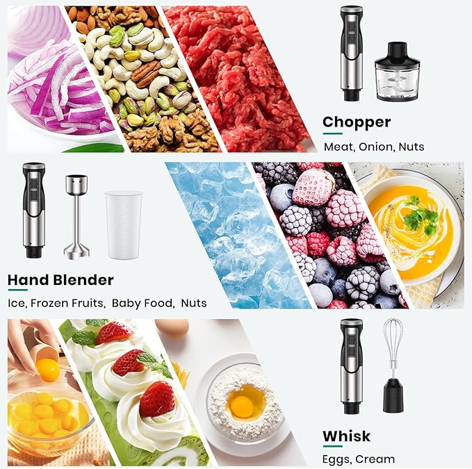 1800W Immersion Blender Handheld 4-in-1 Hand Blender Stick for Ice Crushing Smoothie, Baby Food, Soup, 8 Speed Hand Mixer Turbo Boost Stainless Steel Blade with Whisk, Chopper, Beaker