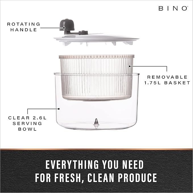 BINO | Salad Spinner - 2.75 Qt | Small Manual Lettuce Spinner | Salad Spinner with Salad Bowl for Serving | Fruit & Vegetable Basket & Spinner | Pasta and Herbs Spinner with Colander | Kitchen Gadgets