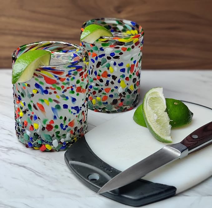 Hand Blown Mexican Drinking Glasses – Set of 6 Confetti Rock Tumbler Glasses (10 oz each)