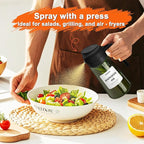 2 in 1 Glass Oil Sprayer & Dispenser,16oz/470ml Olive Cooking, Air Fryer, and Salad, for Kitchen Gadgets and Air Fryer Accessories, w/Stickers (White + Dark Green Bottle1)