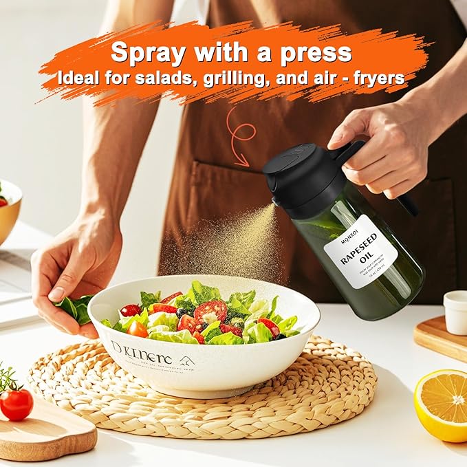 mqnxoi 2 in 1 Glass Oil Sprayer & Dispenser,16oz/470ml Olive Cooking, Air Fryer, and Salad, for Kitchen Gadgets and Air Fryer Accessories, w/Stickers (Black + Dark Green Bottle 2)