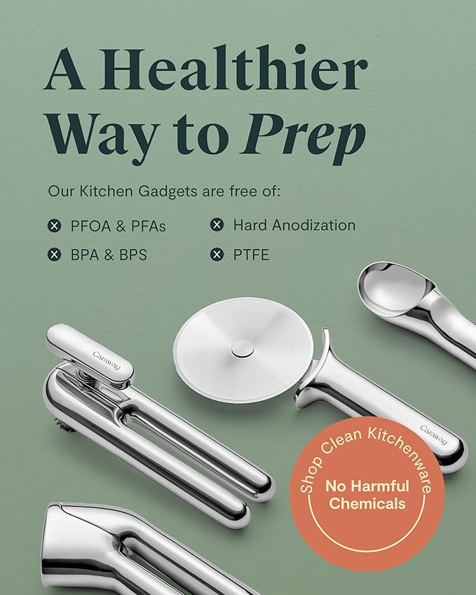 Caraway Kitchen Gadget Set - 5 Piece Kitchen Essentials - Stainless Steel - Includes Can Opener, Pizza Cutter, Garlic Press, Ice Cream Scoop, Vegetable Peeler, and Storage Organizer
