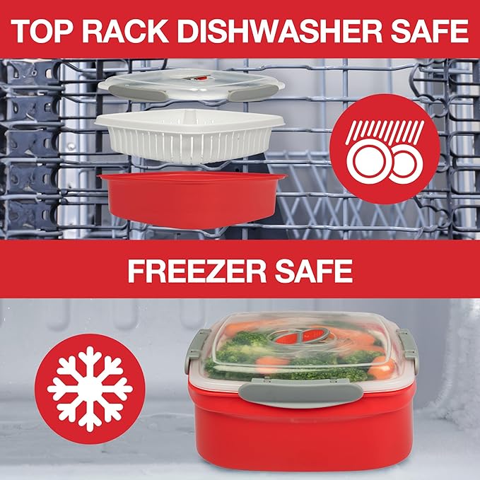 Microwave Food Steamer for Vegetables - 3 PC Microwavable Cooker with Storage- Cooking Made Easy- Removable Strainer Basket & Locking Steam Vent Lid - BPA Free, Fridge & Freezer Safe | 1.3 Liters