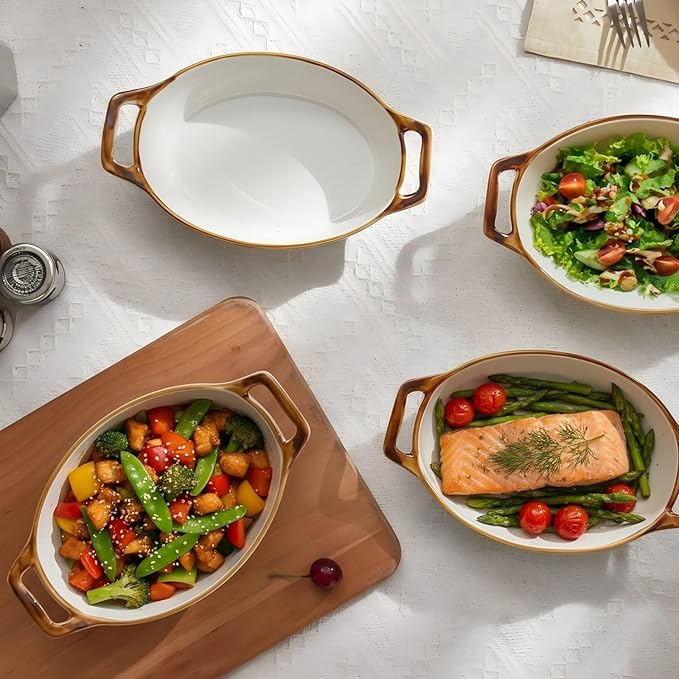 ONEMORE Au Gratin Baking Dish Oval Ceramic White Small Casserole Dish Oven Safe Baking Dishes for Oven Individual Serving Dishes Mini Casserole Dish Set of 4 for Lasagna Quiche, 6x8, 20 oz, Brown Rim