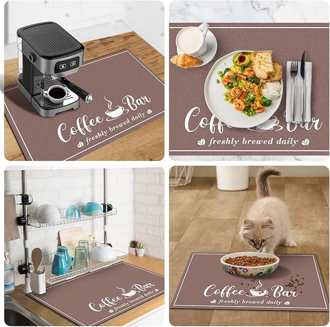 CooRug Absorbent Coffee Mat, Fashion Dish Drying Mat for Kitchen Counter Coffee Bar Accessories Espresso Machine Dish Rack 16" x 24" Brown