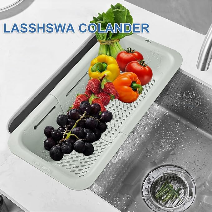 LASSHSWA Collapsible Colander for Kitchen, Over the Sink Strainer Basket for Kitchen, Fruit Pasta Food Strainer Expandable Plastic Colander BPA Free (Light Gray)