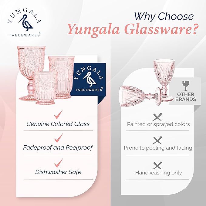 Yungala Pink Wine Glasses Set of 6 Vintage Hobnail Goblets 10 oz Transparent Glassware with Stems Dishwasher Safe