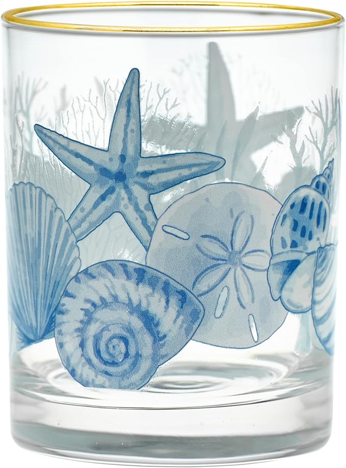 Culver 22k Gold Rim Blue Coastal Beach Shells DOF Double Old-Fashioned Glasses, 13.5-Ounce, Gift Boxed Set of 2