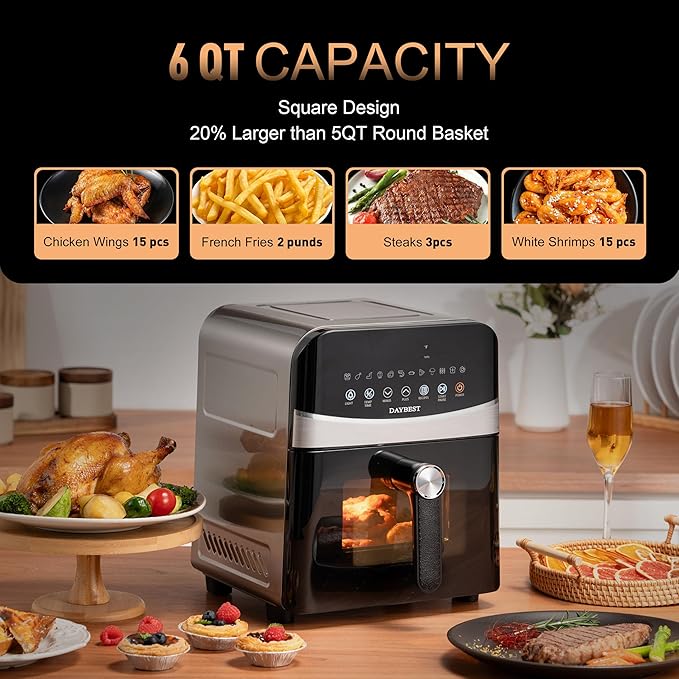 Stainless Steel Air Fryer Ceramic 12 in 1, Dual-Blazes in Steel Housing, 6QT 2-3 Servings Visible 8.27" Basket with Teflon-Free Premium Coating, 1700W, DAYBEST Dishwasher Safe Kits (Stainless Steel)
