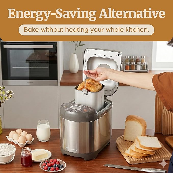 Elite Gourmet EBM8103SS Programmable Bread Maker Machine, 3 Loaf Sizes, 19 Menu Functions Gluten Free White Wheat Rye French and more, 2 Lb, Stainless Steel