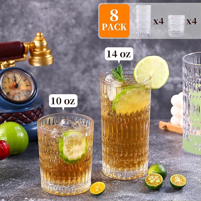 Loivttvv Glassware Drinking Glasses Set of 8, 14 oz Highball Glasses & 10 oz Ribbed Glass Cups, Vintage Glassware for Water, Juice, Cocktail, Whiskey (Clear)