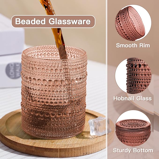 JOVGANK Venus Vintage Hobnail Drinking Glasses Set of 6, Embossed Water Tumbler 12oz, Kitchen & Bar Beaded Glass Cups, Beverage Glass Cups for Water, Beer, Juice, Housewarming and Mother's Day Gift